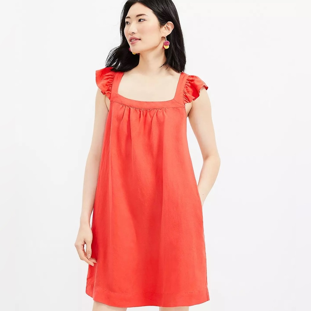 Linen Viscose Blend Loft Square Neck Shift Dress with Pockets XS/S